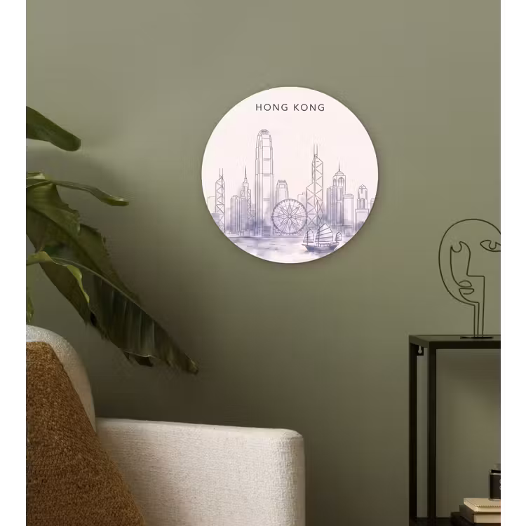 Wandcirkel - Glas - Stad - Skyline - Water - Lijntekening - Blauw — 3