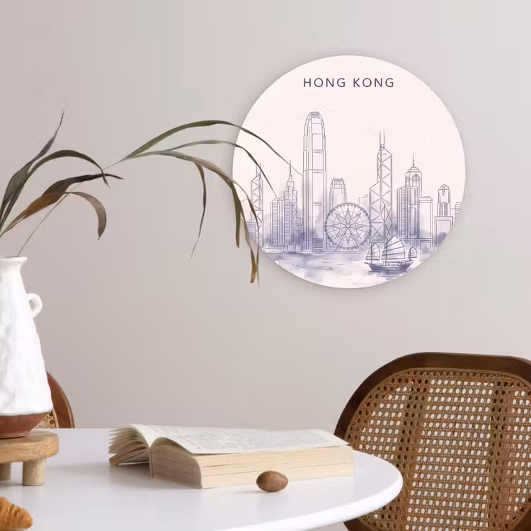 Wandcirkel - Glas - Stad - Skyline - Water - Lijntekening - Blauw — 4