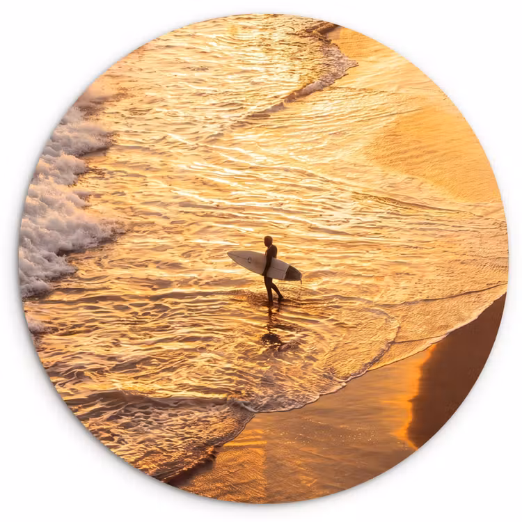 Wandcirkel - Glas - Surfer - Strand - Zonsondergang - Oceaan - Goud — 1