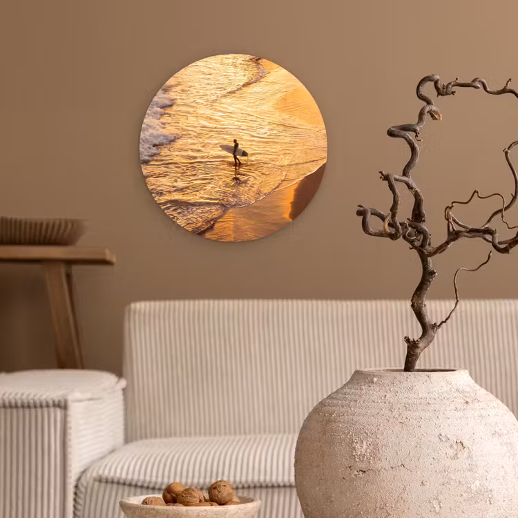Wandcirkel - Glas - Surfer - Strand - Zonsondergang - Oceaan - Goud — 2
