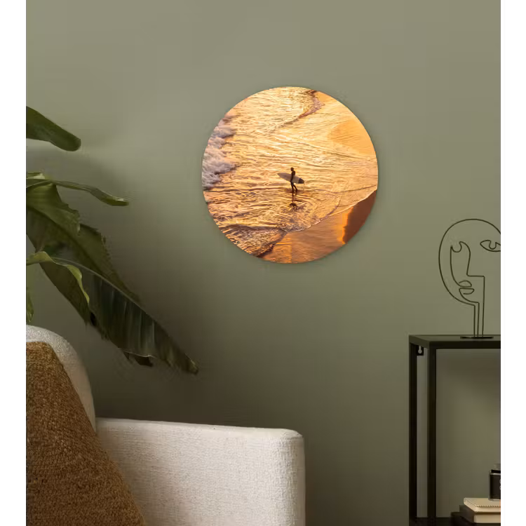 Wandcirkel - Glas - Surfer - Strand - Zonsondergang - Oceaan - Goud — 3