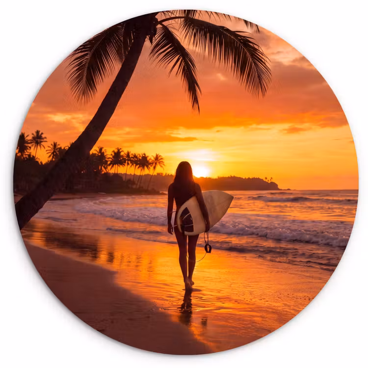 Wandcirkel - Glas - Vrouw - Surfplank - Strand - Zonsondergang - Oranje — 1