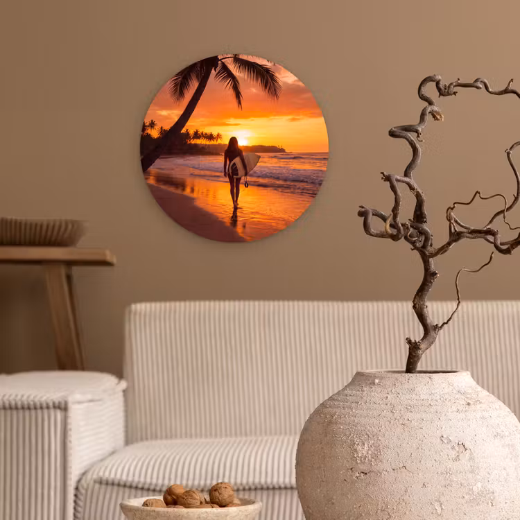 Wandcirkel - Glas - Vrouw - Surfplank - Strand - Zonsondergang - Oranje — 2