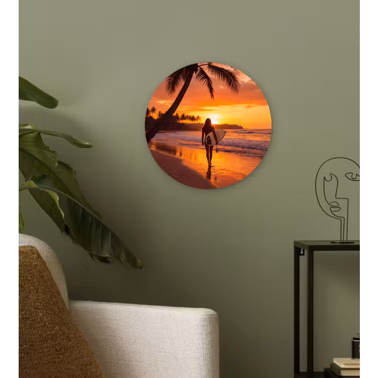 Wandcirkel - Glas - Vrouw - Surfplank - Strand - Zonsondergang - Oranje — 3