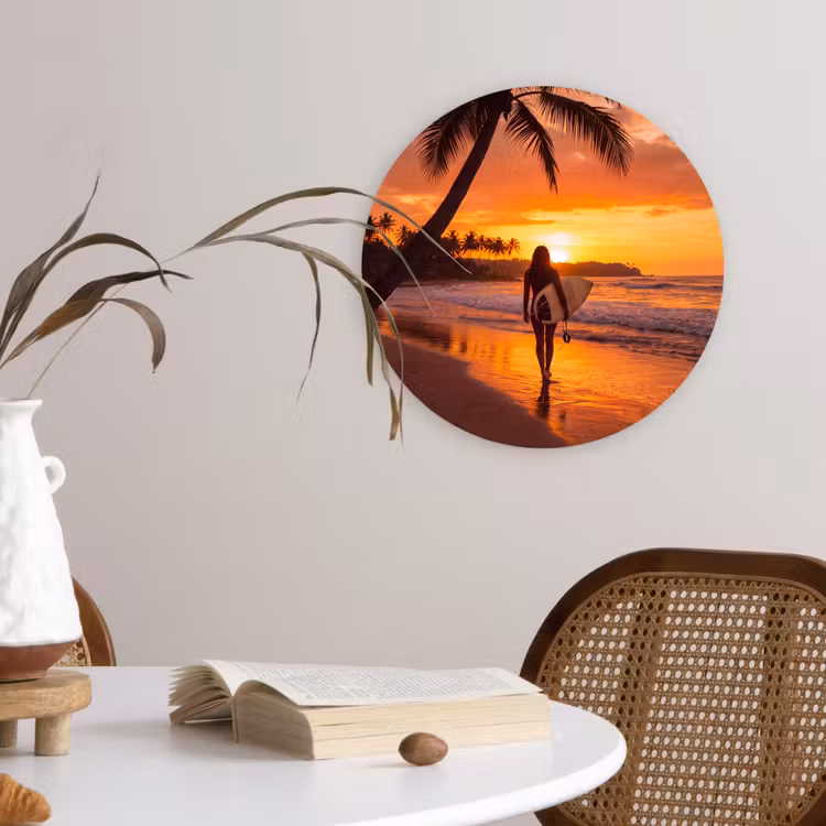 Wandcirkel - Glas - Vrouw - Surfplank - Strand - Zonsondergang - Oranje — 4