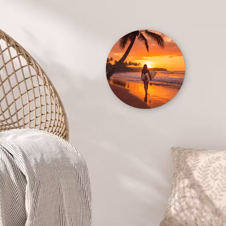 Wandcirkel - Glas - Vrouw - Surfplank - Strand - Zonsondergang - Oranje — 5