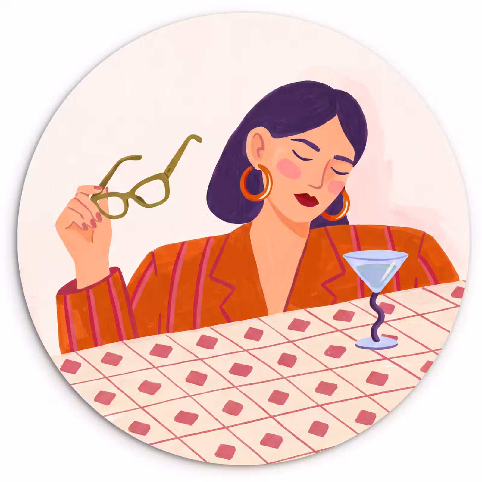 Wandcirkel - Glas - Vrouw - Bril - Cocktail - Illustratie - Modern — 1