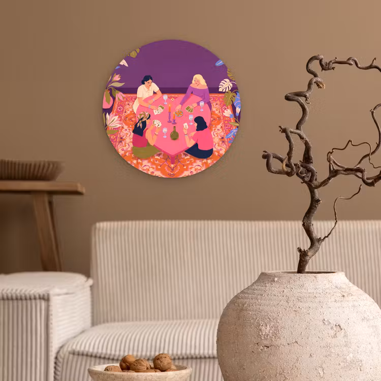Wandcirkel - Glas - Mensen - Kaartspel - Interieur - Modern - Kleurrijk — 2