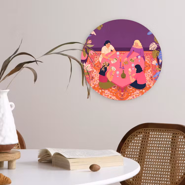 Wandcirkel - Glas - Mensen - Kaartspel - Interieur - Modern - Kleurrijk — 4