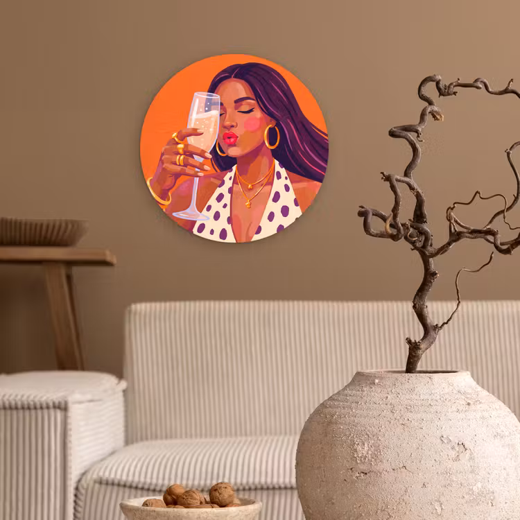 Wandcirkel - Glas - Vrouw - Champagne - Feest - Modern - Oranje — 2