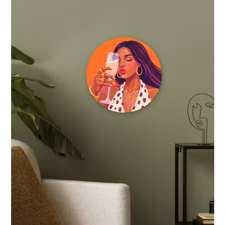 Wandcirkel - Glas - Vrouw - Champagne - Feest - Modern - Oranje — 3