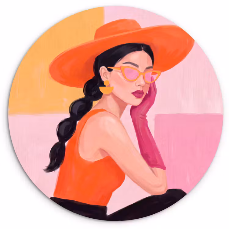 Wandcirkel - Glas - Vrouw - Hoed - Mode - Modern - Oranje — 1