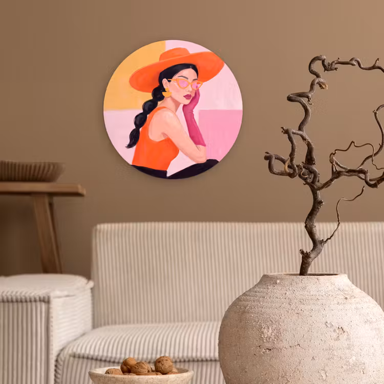 Wandcirkel - Glas - Vrouw - Hoed - Mode - Modern - Oranje — 2