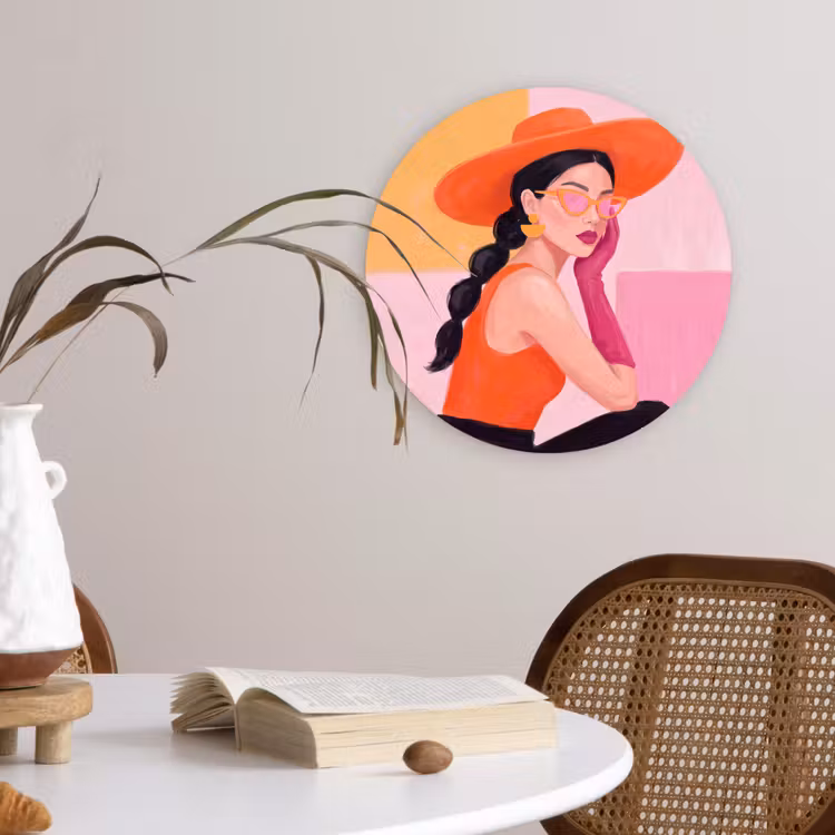 Wandcirkel - Glas - Vrouw - Hoed - Mode - Modern - Oranje — 4