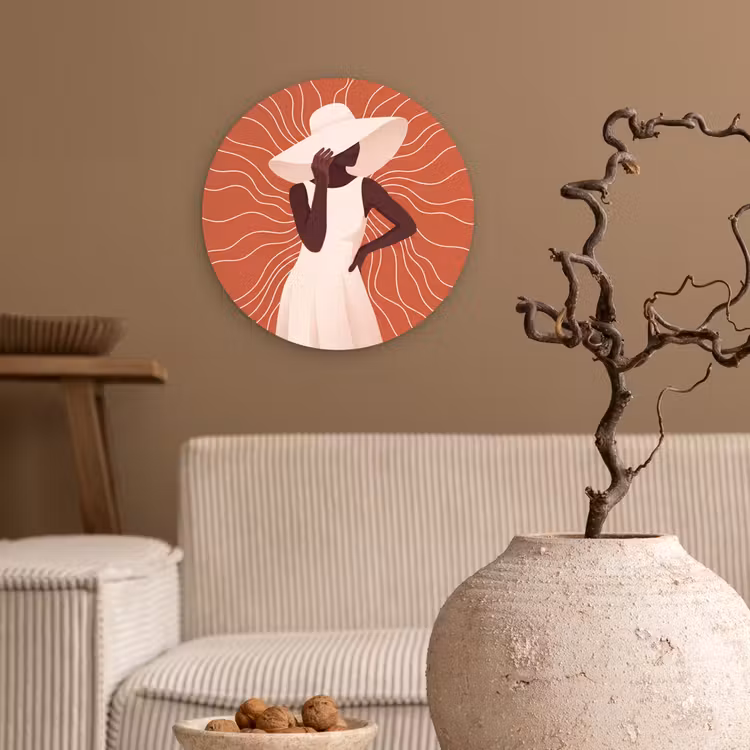 Wandcirkel - Glas - Vrouw - Hoed - Portret - Modern - Beige — 2
