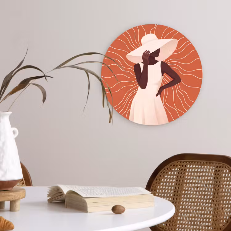 Wandcirkel - Glas - Vrouw - Hoed - Portret - Modern - Beige — 4