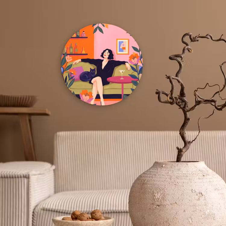 Wandcirkel - Glas - Vrouw - Kat - Interieur - Modern - Kleurrijk — 2