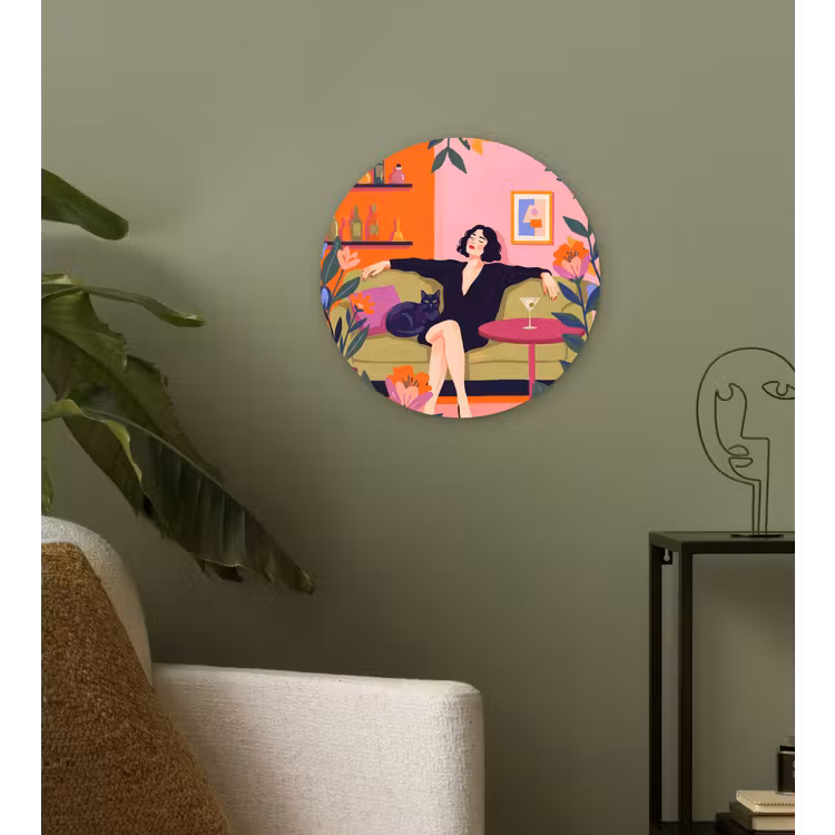 Wandcirkel - Glas - Vrouw - Kat - Interieur - Modern - Kleurrijk — 3