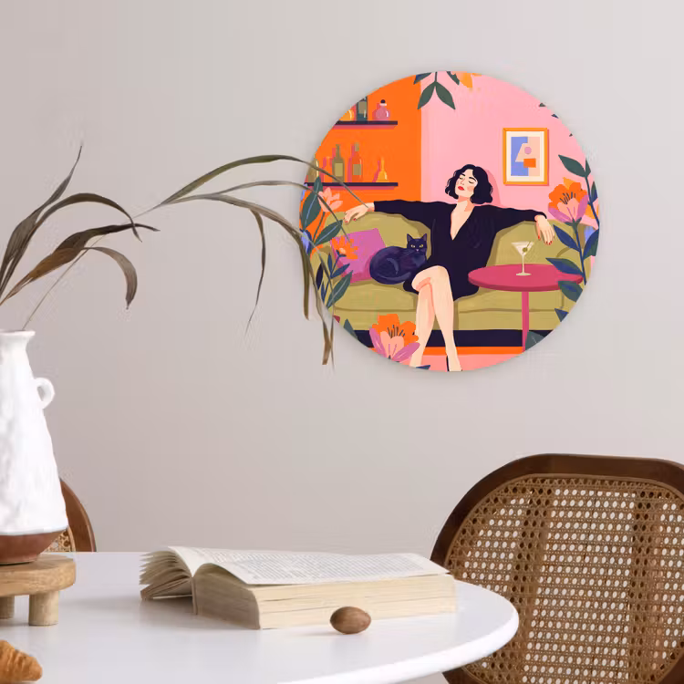 Wandcirkel - Glas - Vrouw - Kat - Interieur - Modern - Kleurrijk — 4