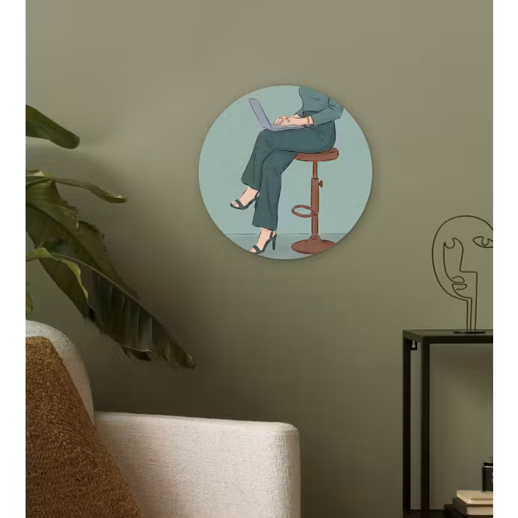 Wandcirkel - Glas - Vrouw - Laptop - Zittend - Illustratie - Groen — 3
