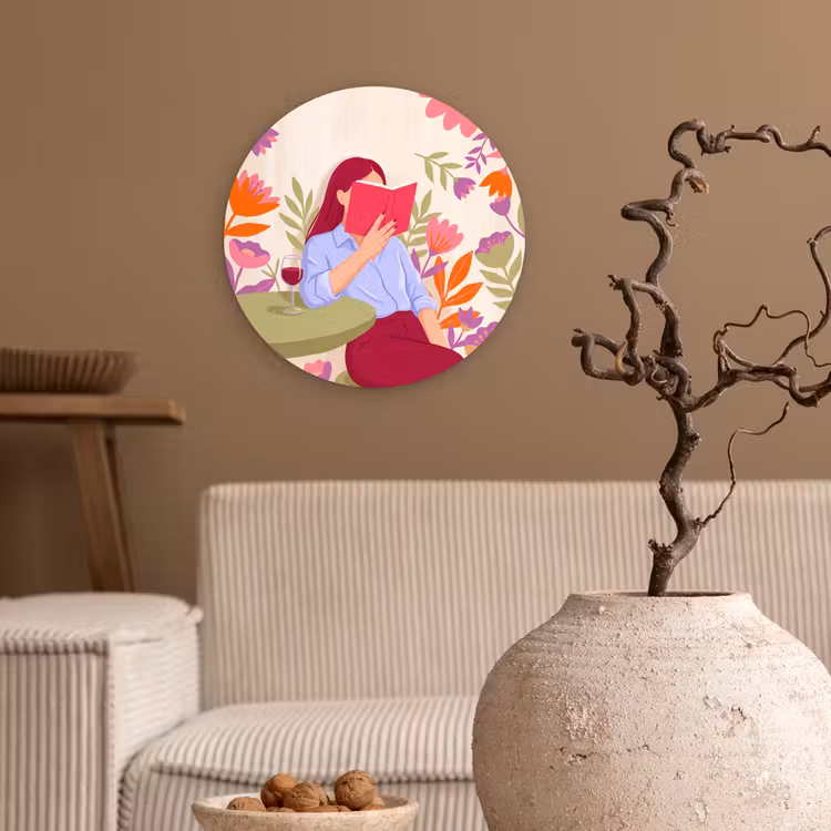 Wandcirkel - Glas - Vrouw - Lezen - Thuis - Modern - Bloemen — 2