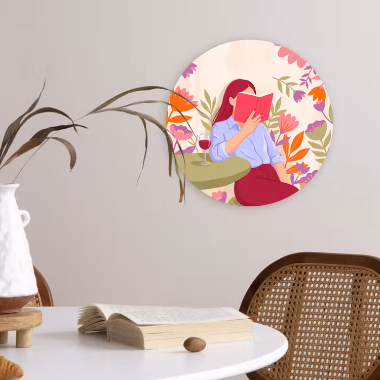 Wandcirkel - Glas - Vrouw - Lezen - Thuis - Modern - Bloemen — 4