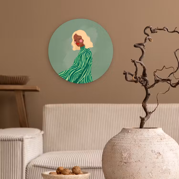 Wandcirkel - Glas - Vrouw - Portret - Illustratie - Modern - Groen — 2