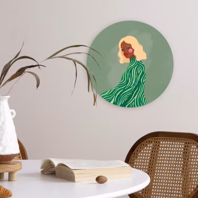 Wandcirkel - Glas - Vrouw - Portret - Illustratie - Modern - Groen — 4