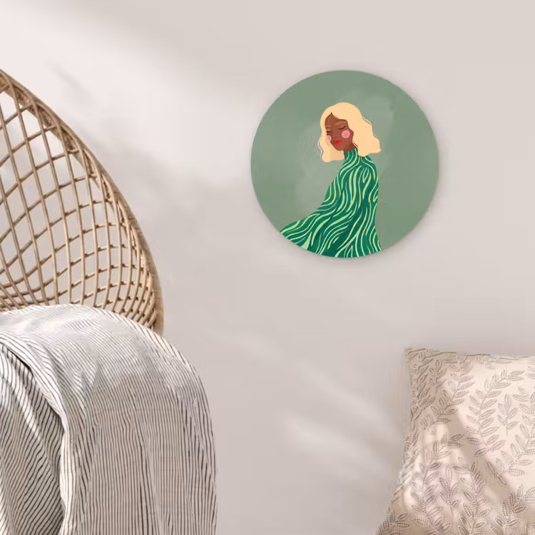 Wandcirkel - Glas - Vrouw - Portret - Illustratie - Modern - Groen — 5