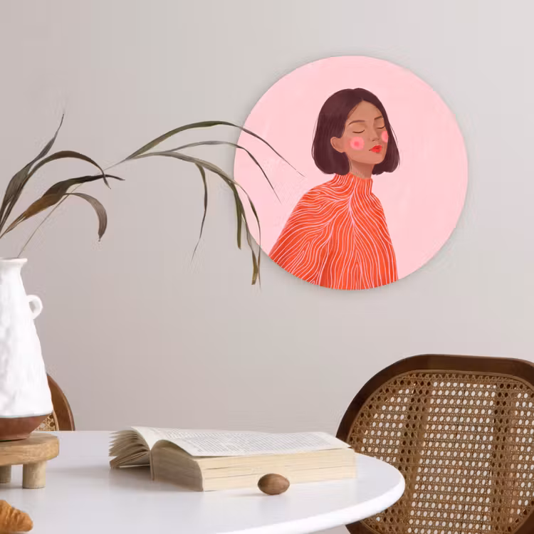 Wandcirkel - Glas - Vrouw - Portret - Modern - Kunst - Roze — 4