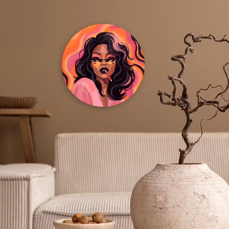 Wandcirkel - Glas - Vrouw - Zonnebril - Modern - Portret - Oranje — 2