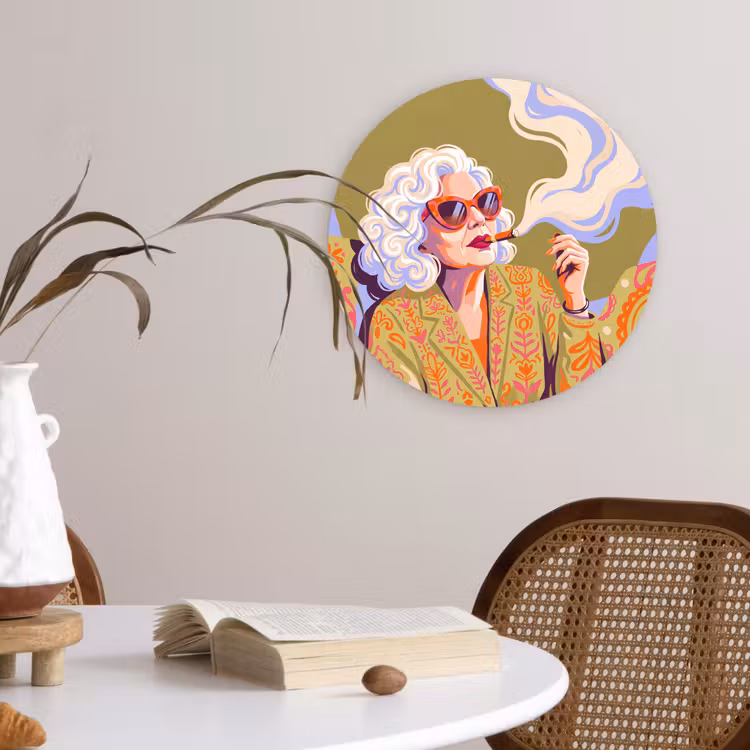 Wandcirkel - Glas - Vrouw - Zonnebril - Portret - Modern - Kleurrijk — 4
