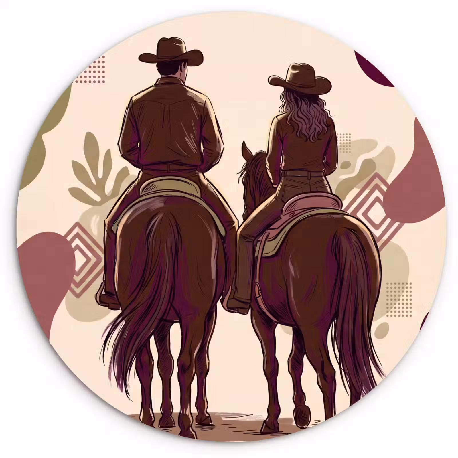 Wandcirkel - Glas - Mensen - Ruiters - Western - Illustratie - Bruin — 1