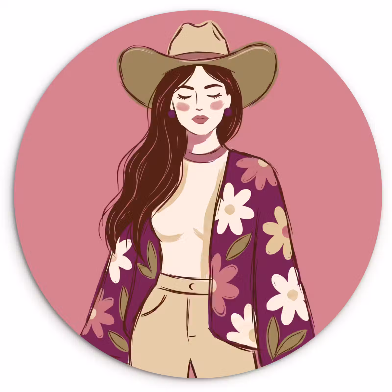 Wandcirkel - Glas - Vrouw - Hoed - Portret - Illustratie - Roze — 1