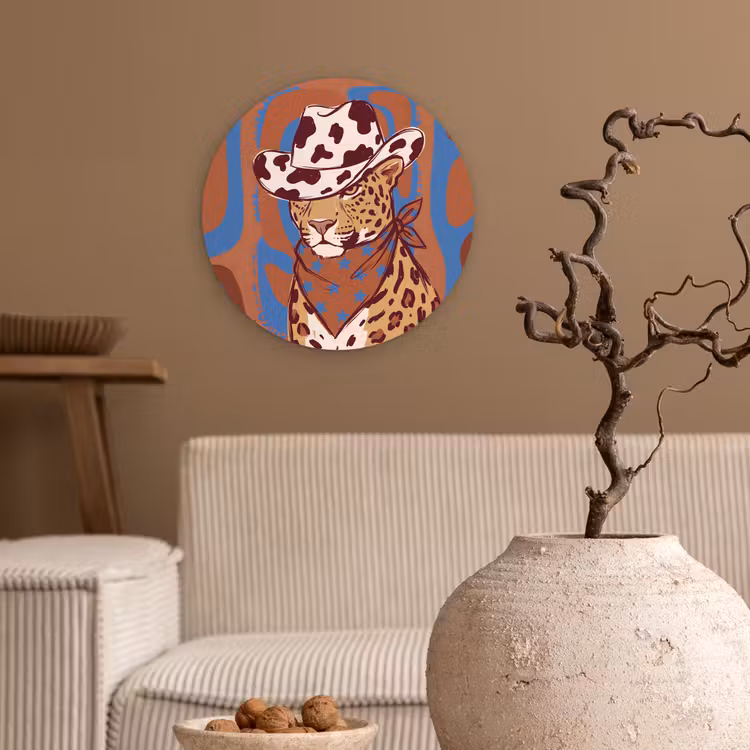 Wandcirkel - Glas - Dieren - Cowboyhoed - Modern - Illustratie - Bruin — 2