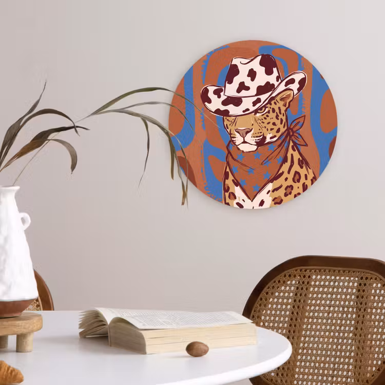 Wandcirkel - Glas - Dieren - Cowboyhoed - Modern - Illustratie - Bruin — 4