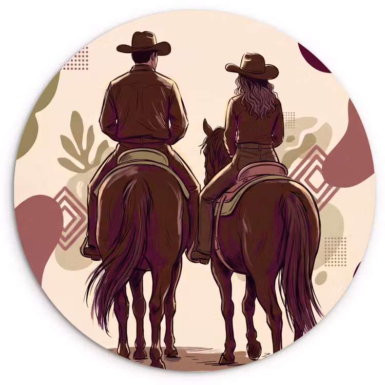 Wandcirkel - Glas - Mensen - Ruiters - Western - Illustratie - Bruin — 1