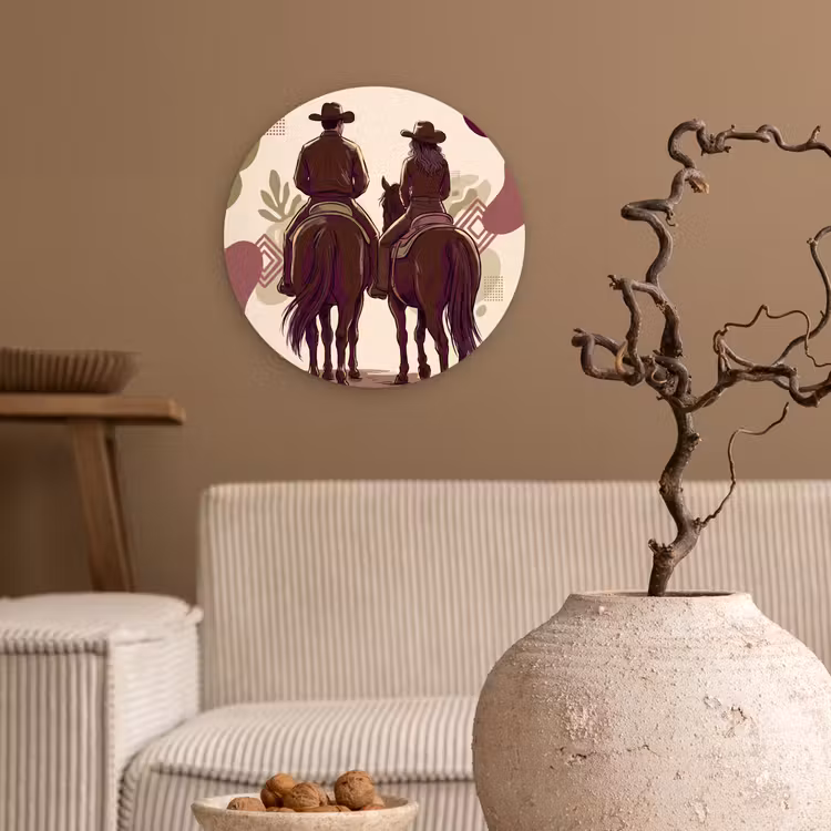 Wandcirkel - Glas - Mensen - Ruiters - Western - Illustratie - Bruin — 2