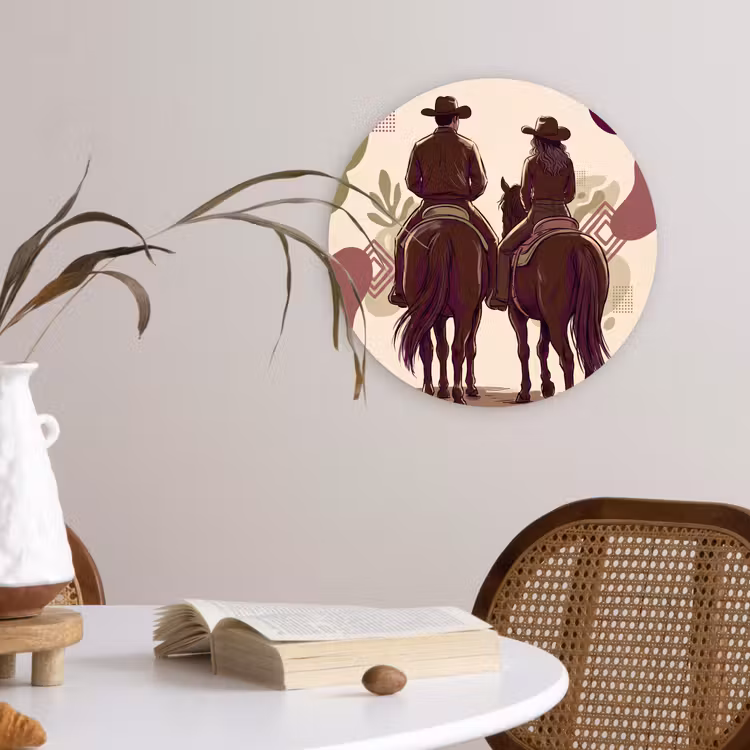 Wandcirkel - Glas - Mensen - Ruiters - Western - Illustratie - Bruin — 4