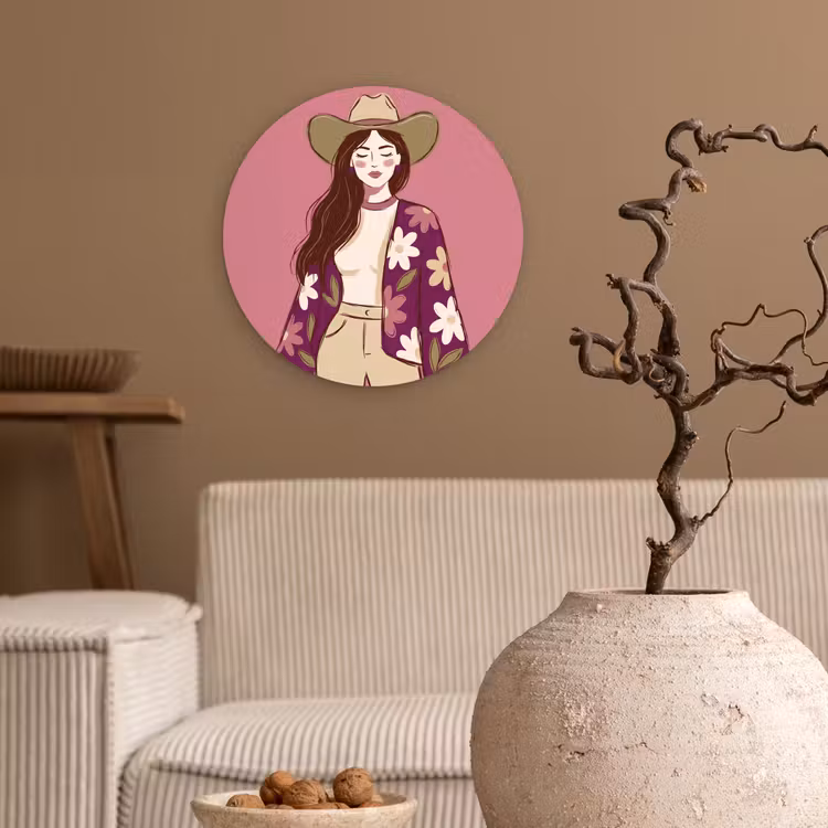 Wandcirkel - Glas - Vrouw - Hoed - Portret - Illustratie - Roze — 2