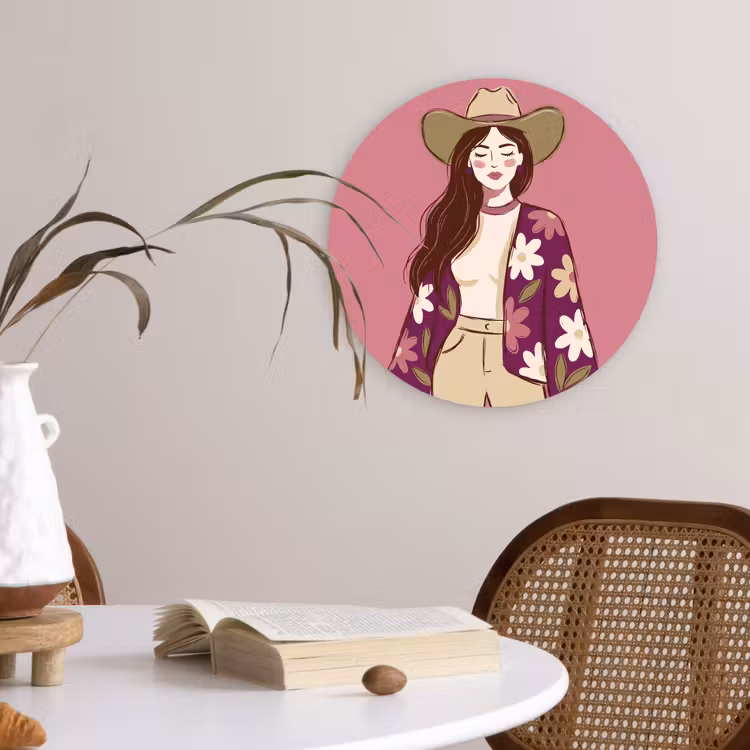 Wandcirkel - Glas - Vrouw - Hoed - Portret - Illustratie - Roze — 4