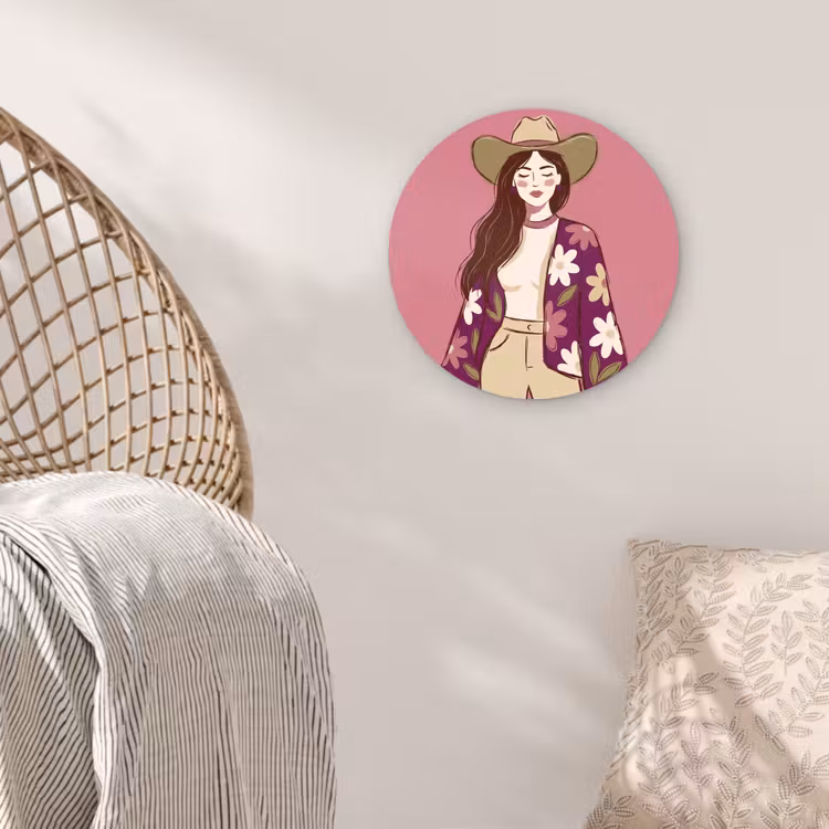 Wandcirkel - Glas - Vrouw - Hoed - Portret - Illustratie - Roze — 5