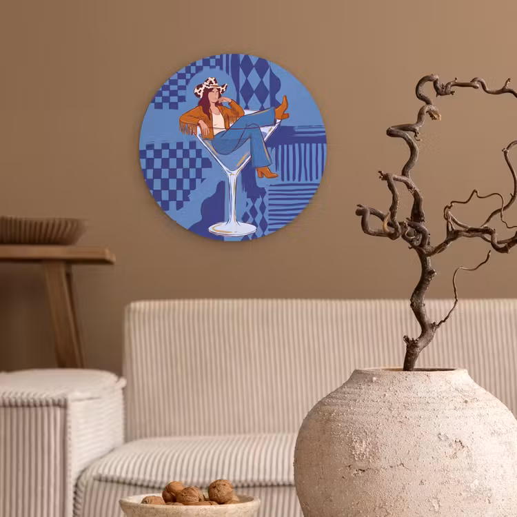 Wandcirkel - Glas - Vrouw - Martini glas - Abstract - Blauw - Kunst — 2