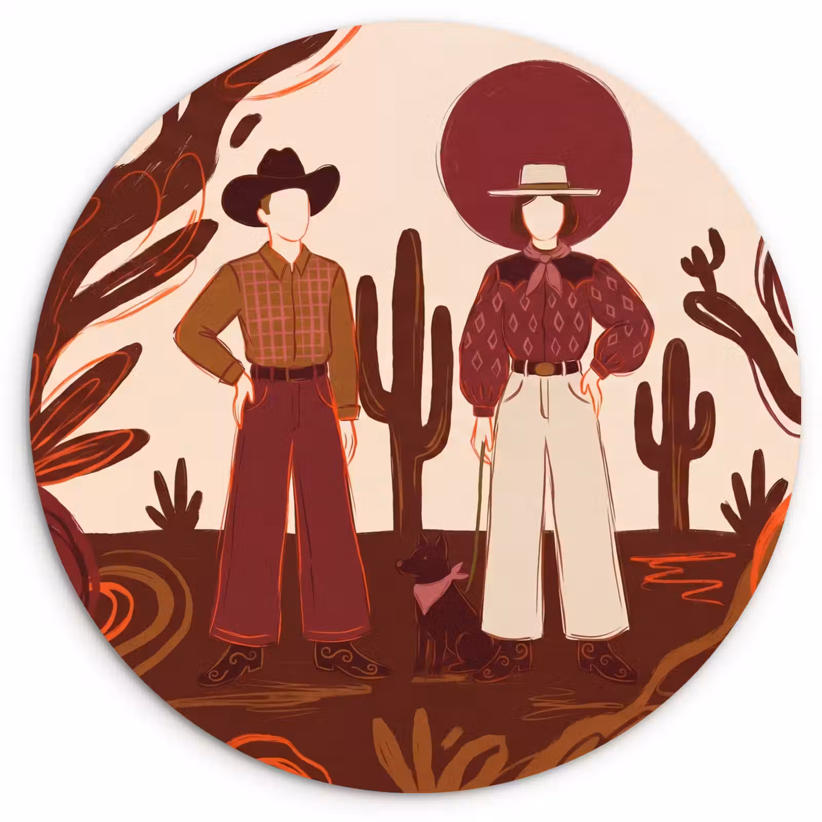 Wandcirkel - Glas - Mensen - Cowboykleding - Westerse stijl - Illustratie - Bruin — 1