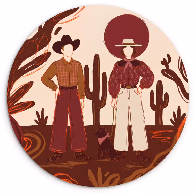 Wandcirkel - Glas - Mensen - Cowboykleding - Westerse stijl - Illustratie - Bruin — 1