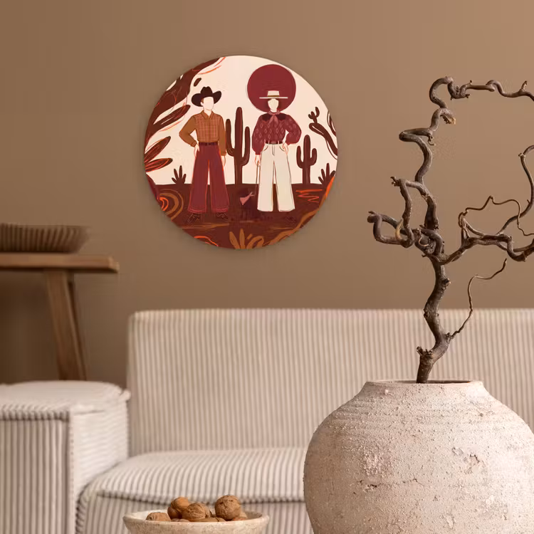 Wandcirkel - Glas - Mensen - Cowboykleding - Westerse stijl - Illustratie - Bruin — 2