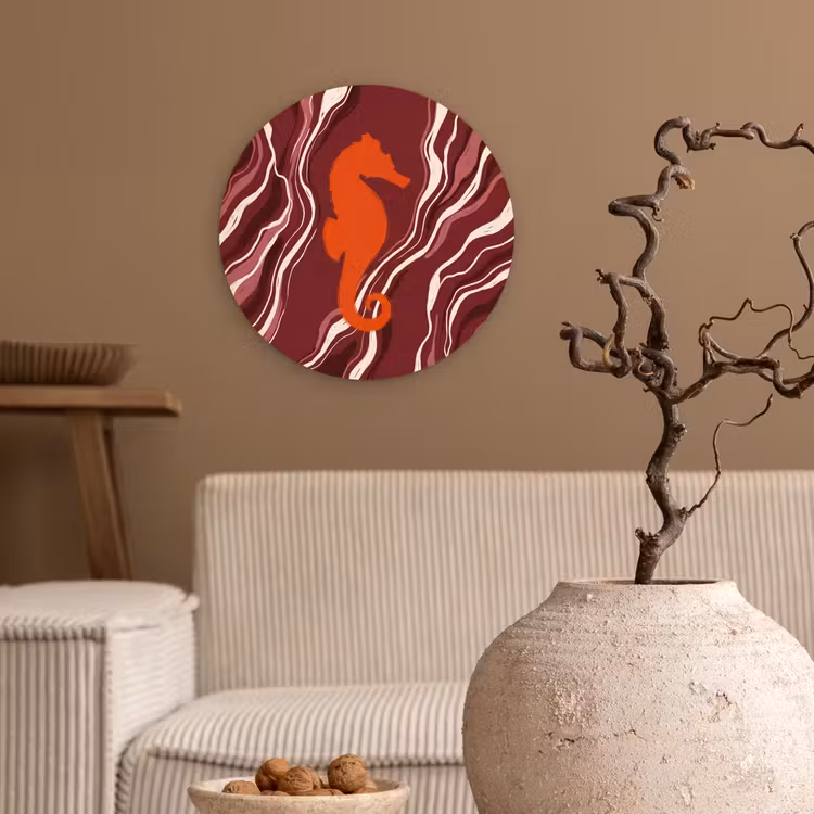 Wandcirkel - Glas - Zeepaardje - Golven - Zeeleven - Abstract - Oranje — 2