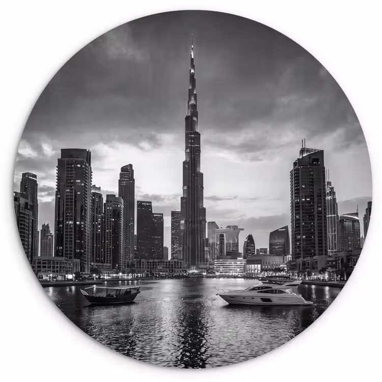 Wandcirkel - Glas - Stad - Skyline - Architectuur - Avond - Zwart-wit — 1