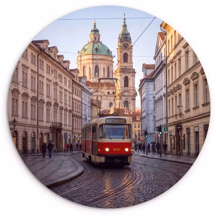 Wandcirkel - Glas - Tram - Straat - Stadsgezicht - Klassiek - Rood — 1