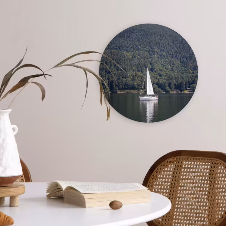 Wandcirkel - Glas - Zeilboot - Water - Bergen - Natuur - Groen — 4